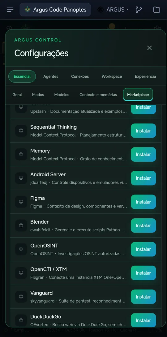 Marketplace do app com a lista de servidores MCP