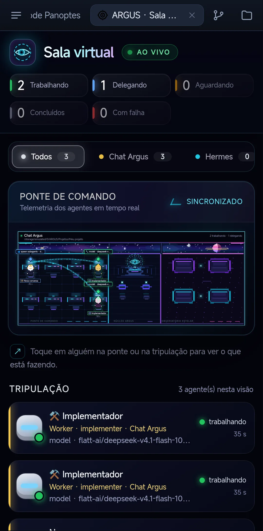 Sala Virtual: a ponte de comando com os agentes trabalhando e a lista da tripulação